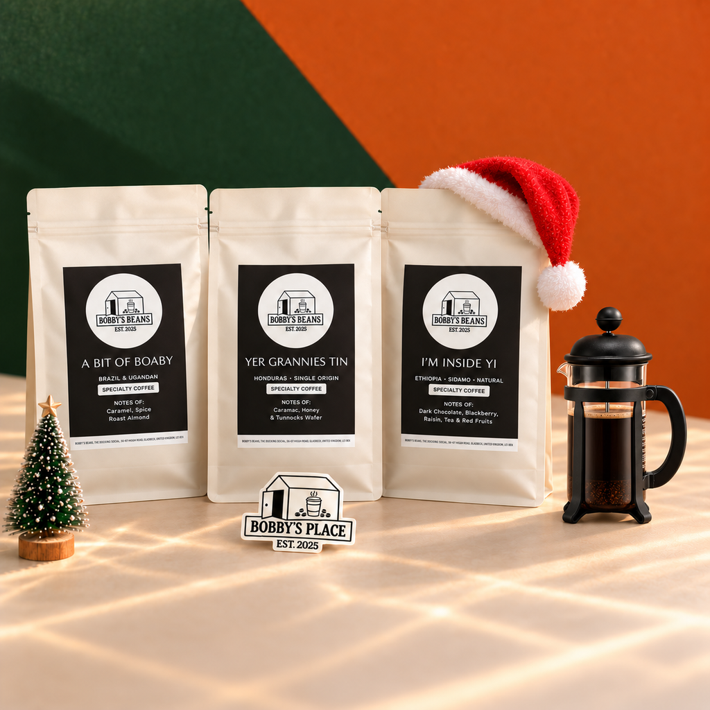 A Taste of Boaby bundle with an optional black Bodum Java 3 cup cafetière and Bobby's Place sticker.