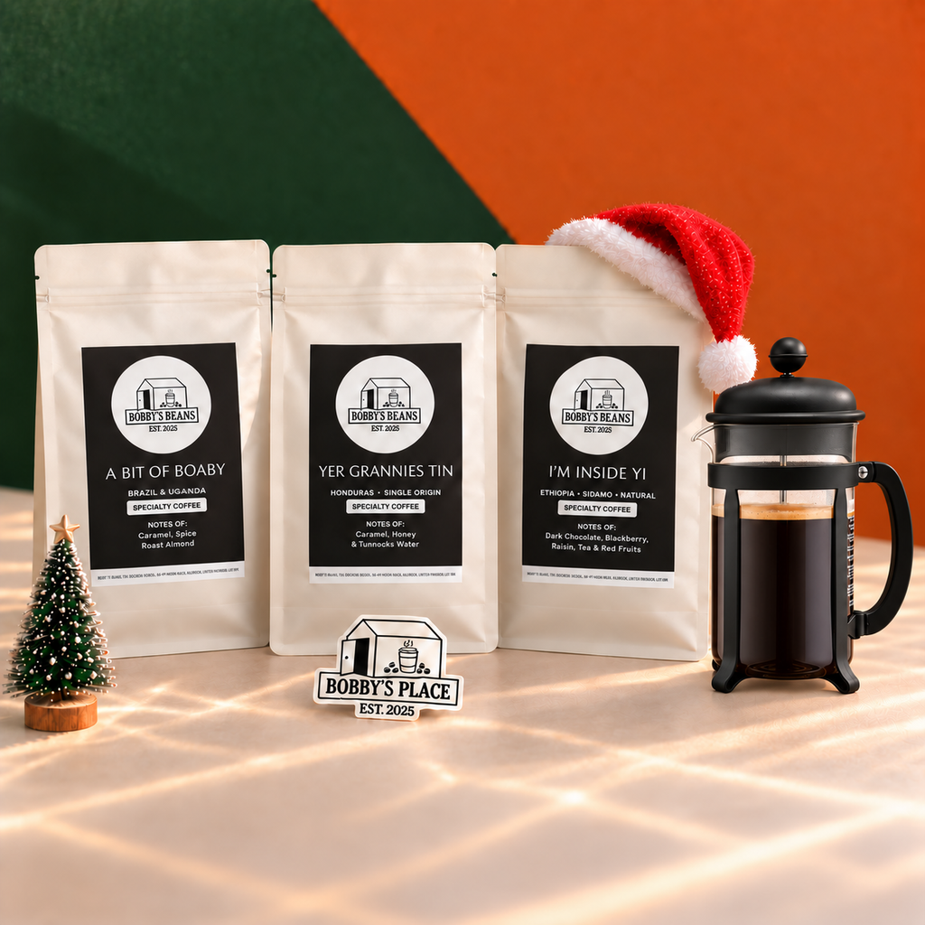 A Taste of Boaby bundle with an optional Bodum Java 8 cup, black and Bobby's Place sticker.