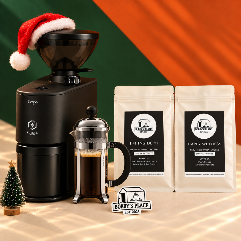 The Big One bundle with an optional Bodum Chambord 3 cup, glass and chrome and Bobby's Place sticker.