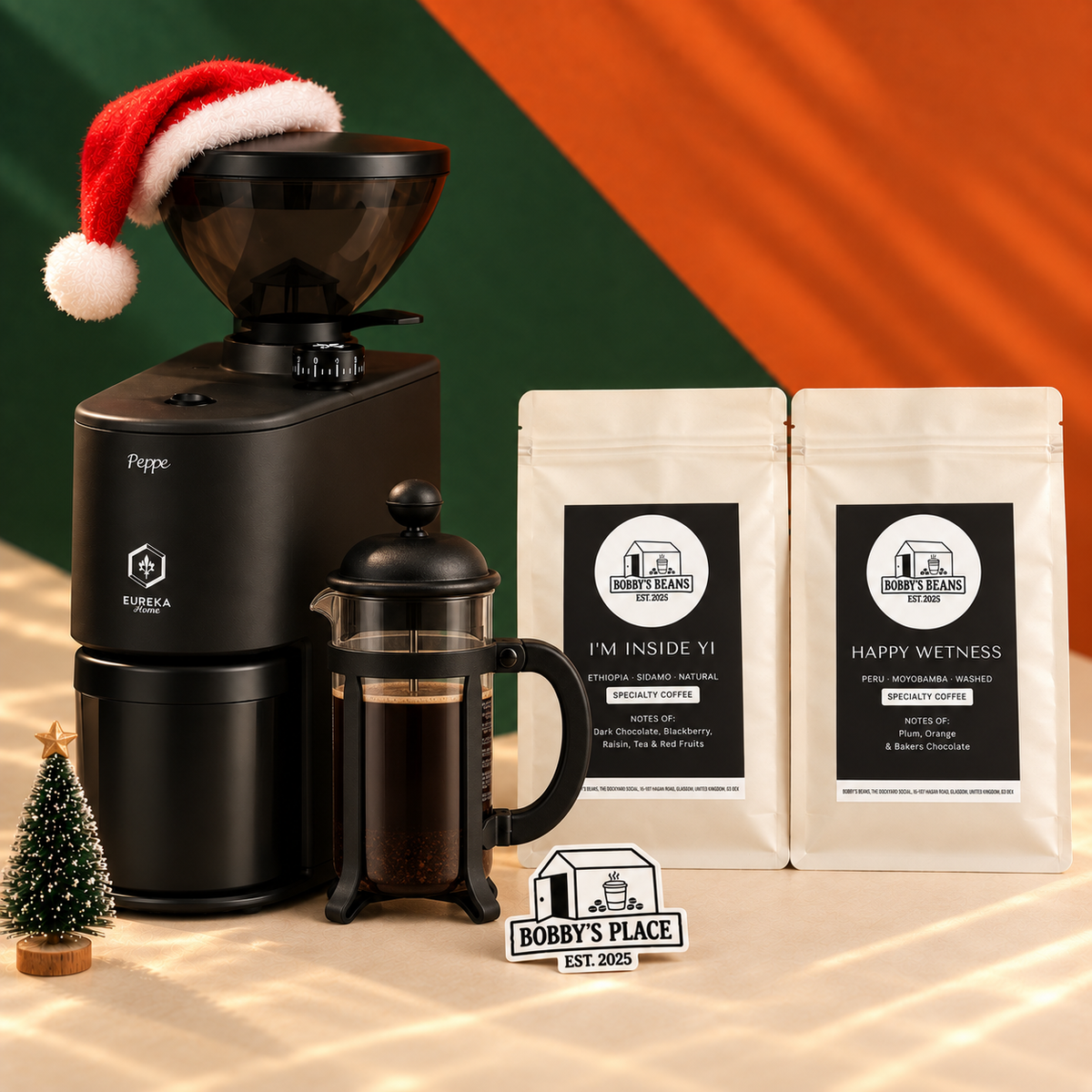 The Big One bundle with an optional black Bodum Java 3 cup cafetière and Bobby's Place sticker.