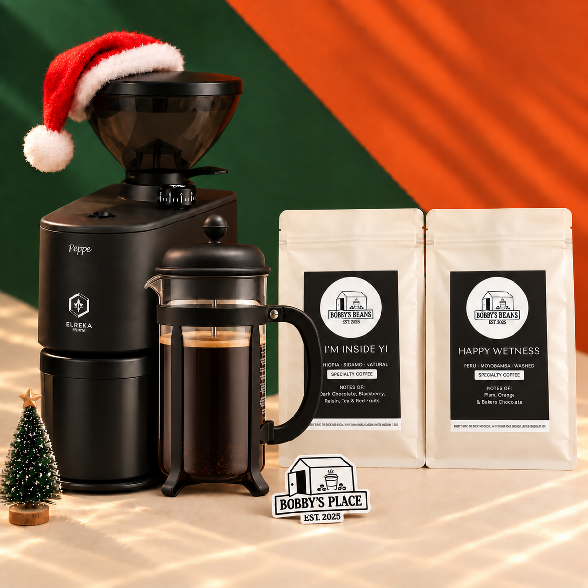 The Big One bundle with an optional Bodum Java 8 cup, black and Bobby's Place sticker.