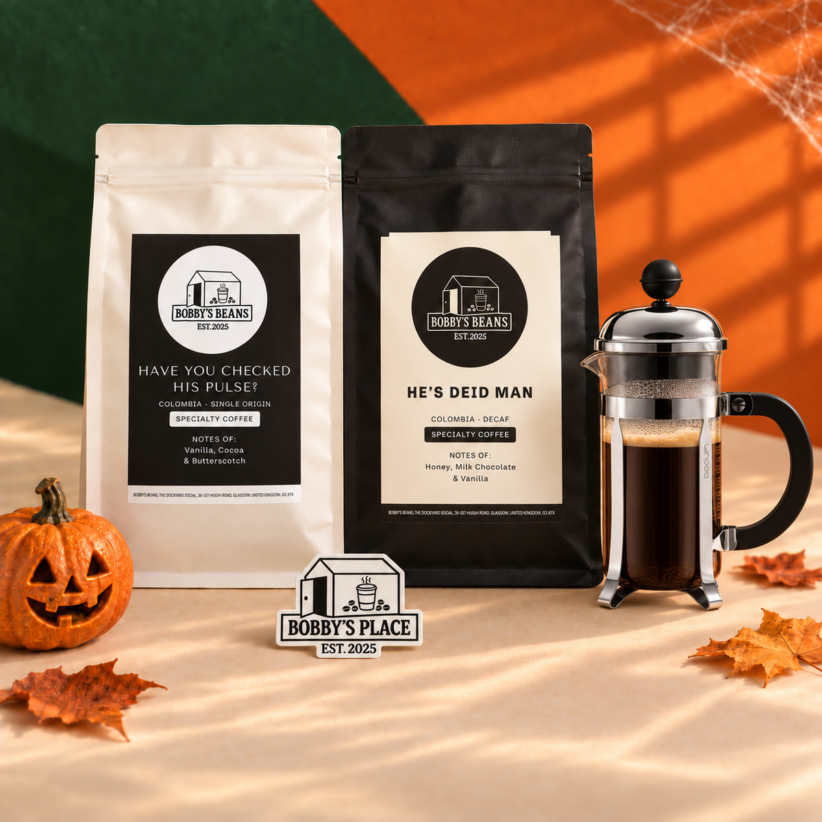 The Deid Slug bundle with an optional Bodum Chambord 3 cup, glass and chrome and Bobby's Place sticker.