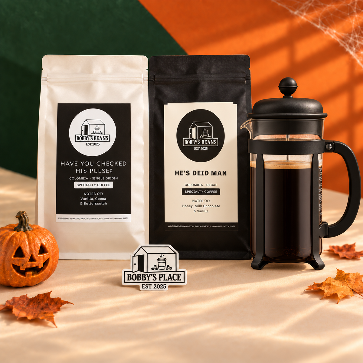 The Deid Slug bundle with an optional Bodum Java 8 cup, black and Bobby's Place sticker.