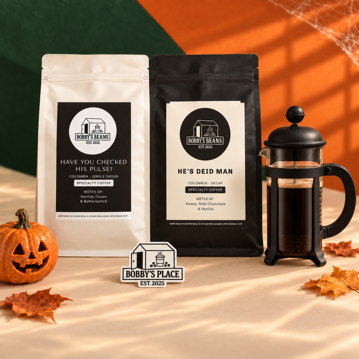 The Deid Slug Halloween bundle with two Bobby's Beans coffee bags, a Bobby's Place sticker and an optional black Bodum Java 3 cup cafetière.