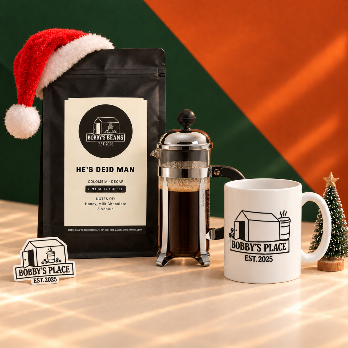 The Nightcap bundle with an optional Bodum Chambord 3 cup, glass and chrome and Bobby's Place sticker.