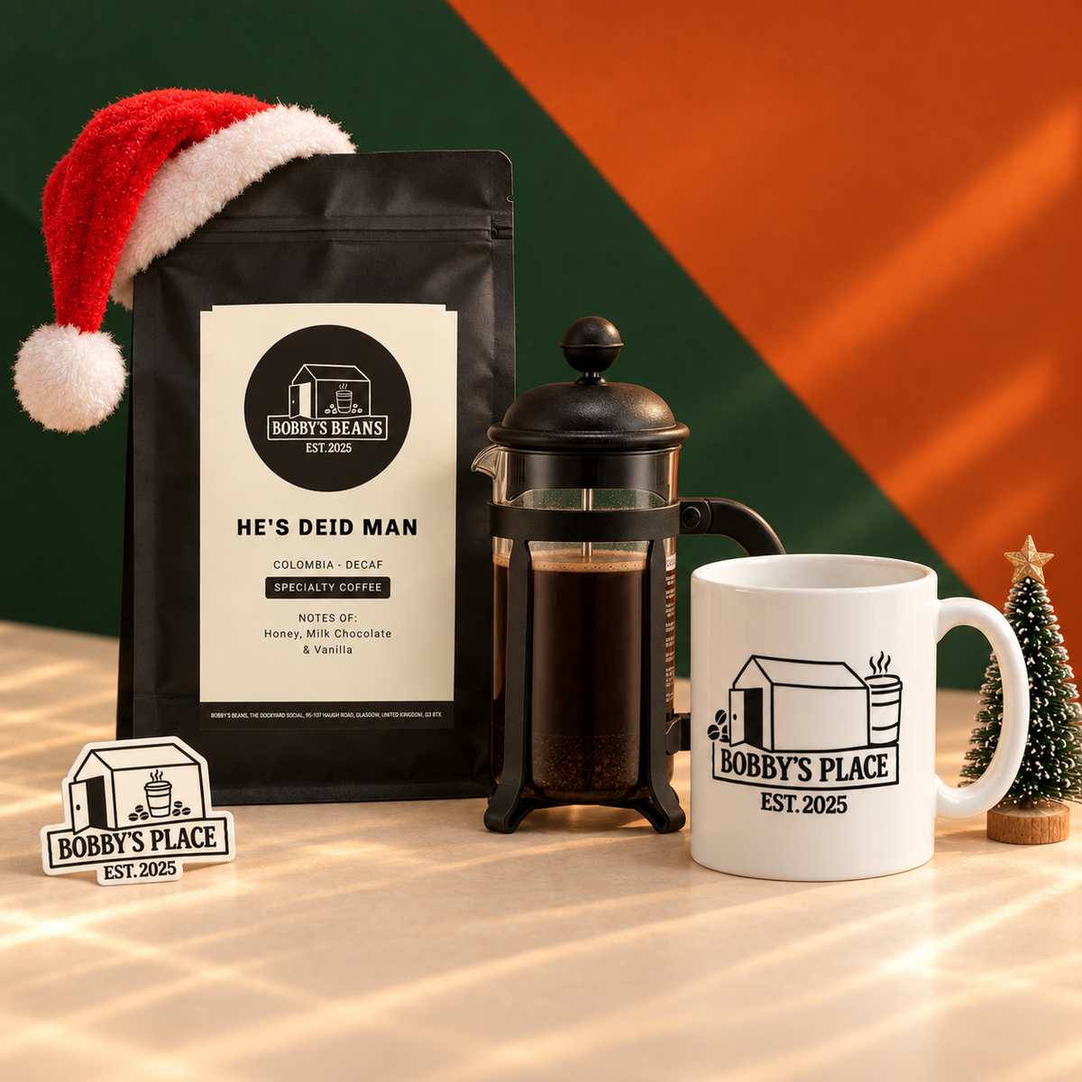 The Nightcap bundle with an optional black Bodum Java 3 cup cafetière and Bobby's Place sticker.