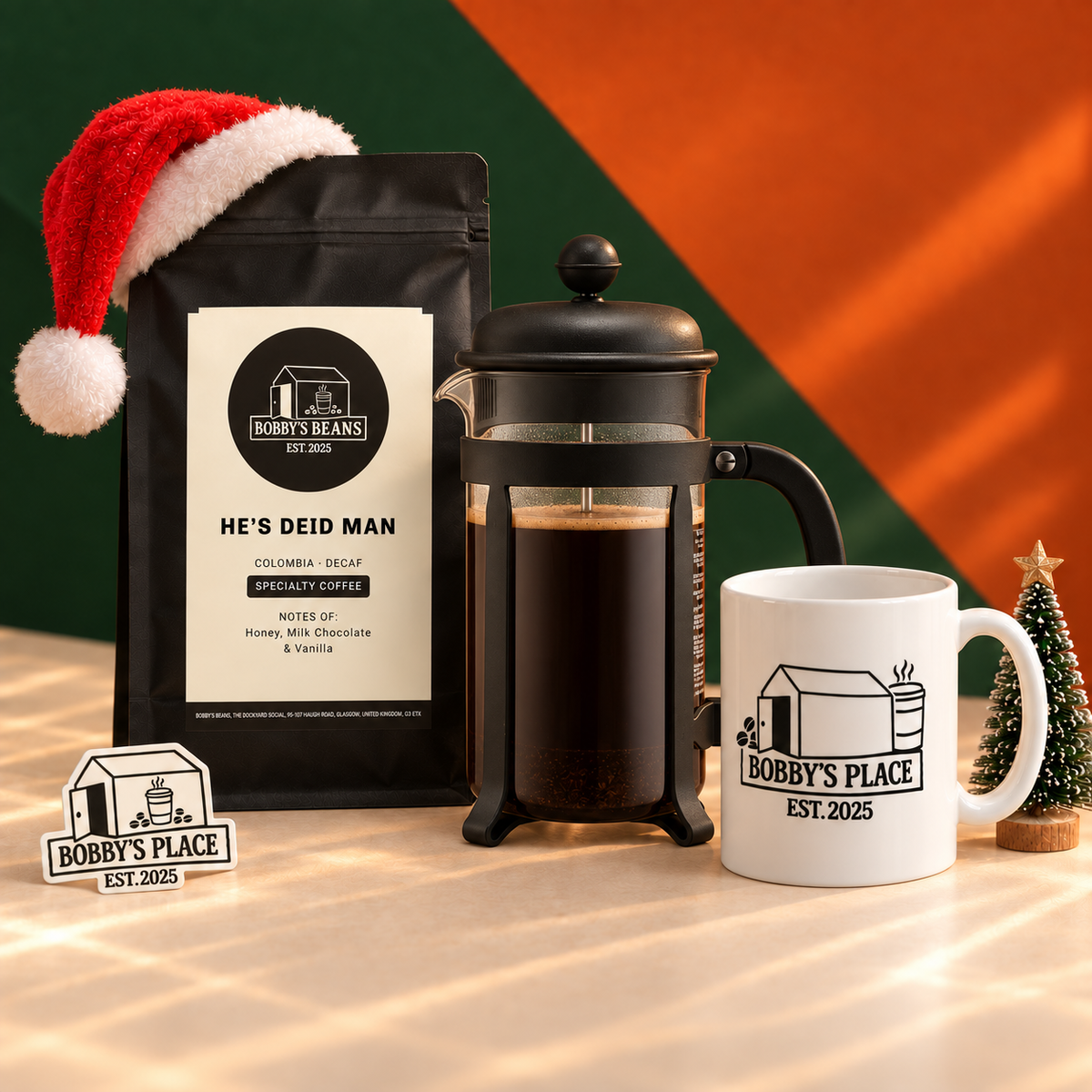 The Nightcap bundle with an optional Bodum Java 8 cup, black and Bobby's Place sticker.