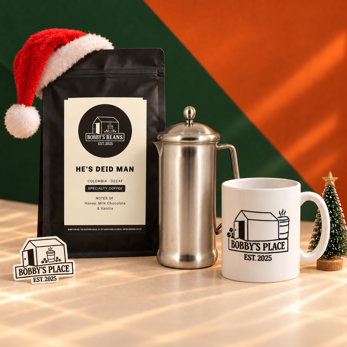 The Nightcap bundle with an optional Stainless steel 2 cup, 400ml and Bobby's Place sticker.