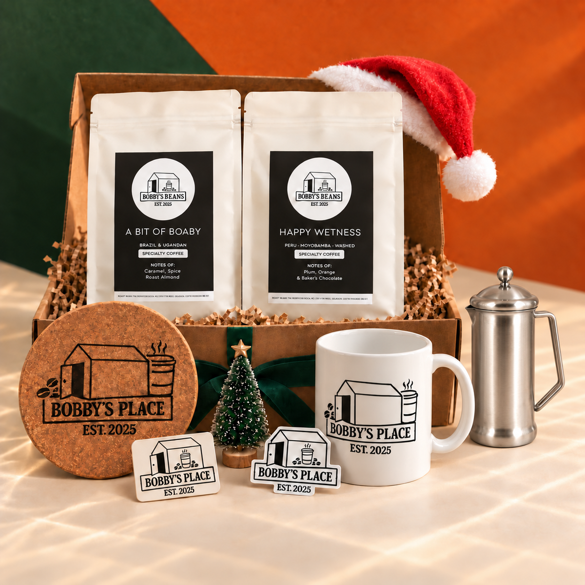 An Xmas Box Of Boaby with an optional Stainless steel 2 cup, 400ml and Bobby's Place sticker.