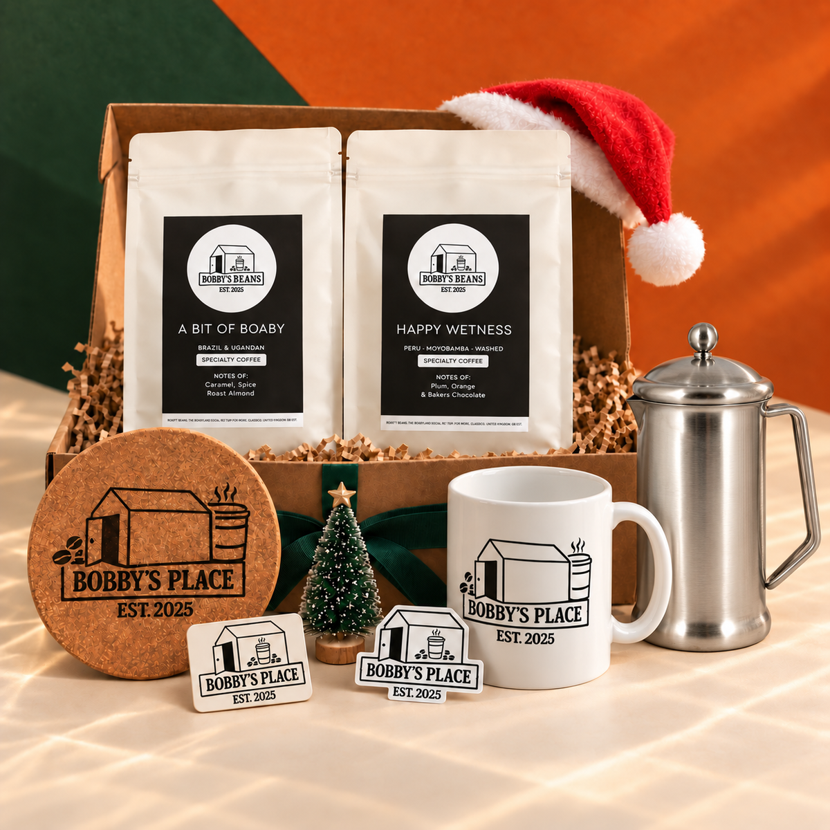 An Xmas Box Of Boaby with an optional Stainless steel 4 cup, 700ml and Bobby's Place sticker.